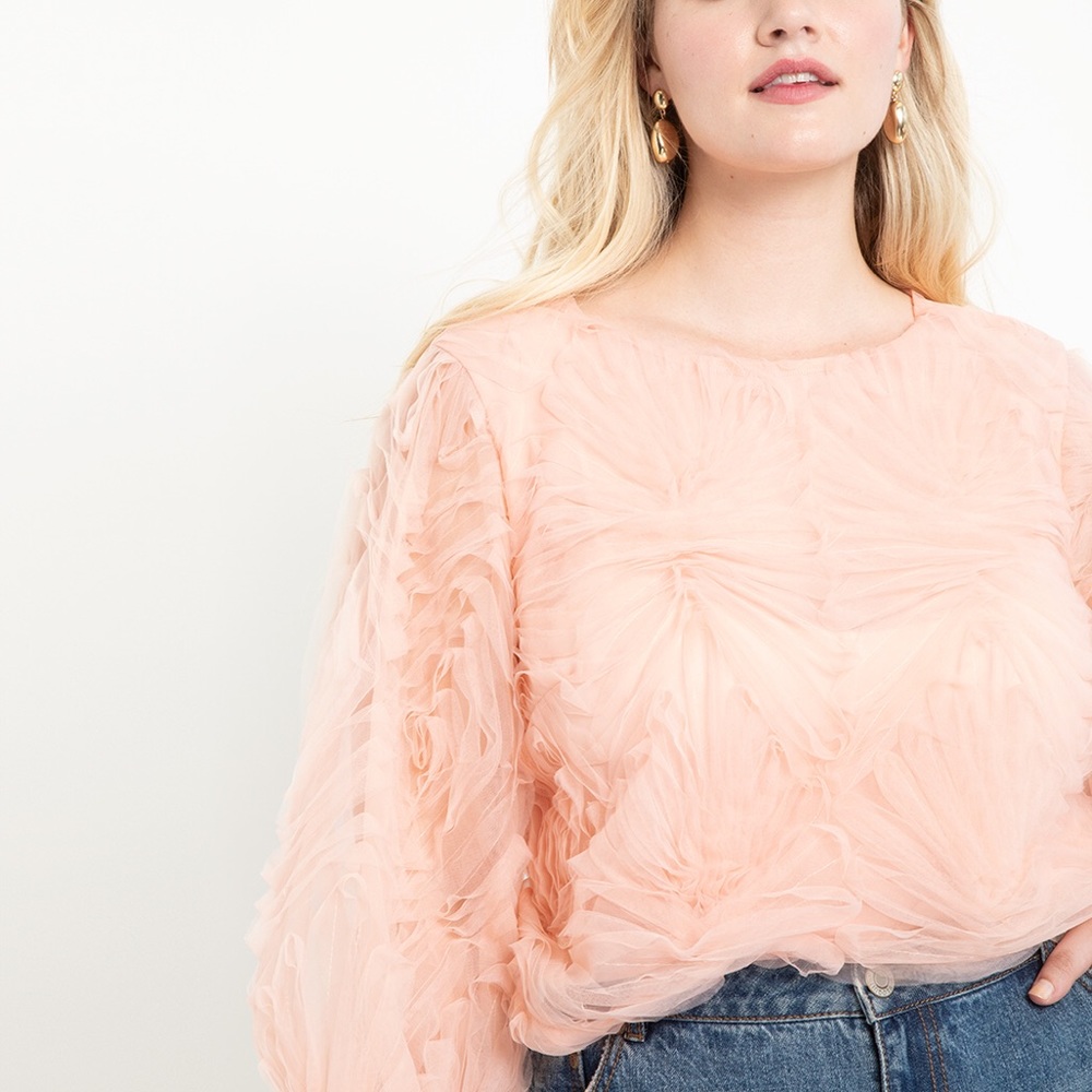Eloquii pink tulle textured crop top, puff sleeves, women’s 16, NWT